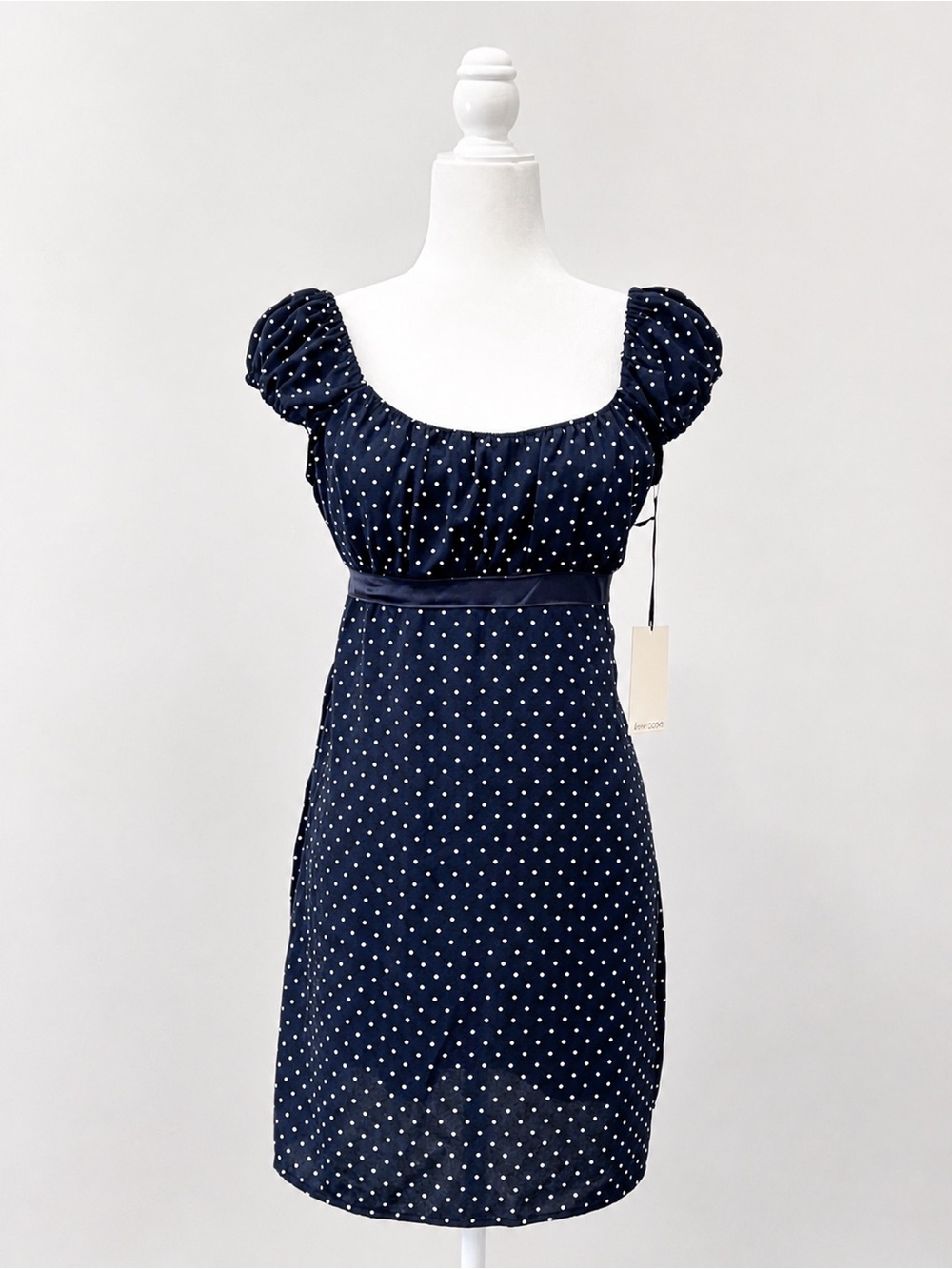 NWT Navy Polka Dots Babydoll Women Mid Dress Size L